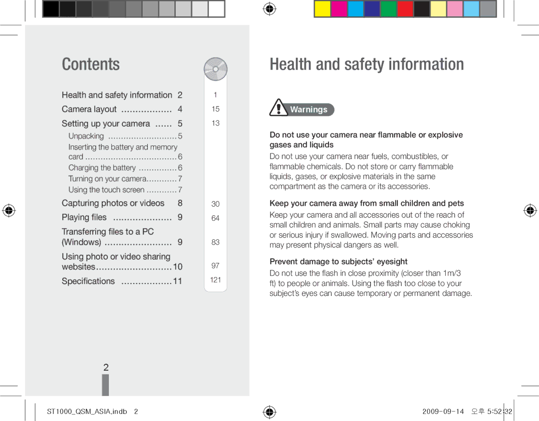 Samsung EC-ST1000BPBFR, EC-ST1000BPSE1, EC-ST1000BPRFR, EC-ST1000BPBE1 manual Contents, Health and safety information 