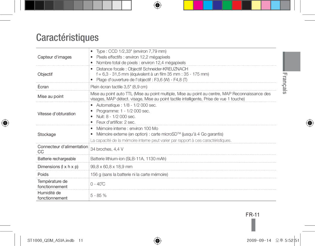 Samsung EC-ST1000BPGVN, EC-ST1000BPSE1 manual Caractéristiques, FR-11, Batterie rechargeable Dimensions l x h x p Poids 