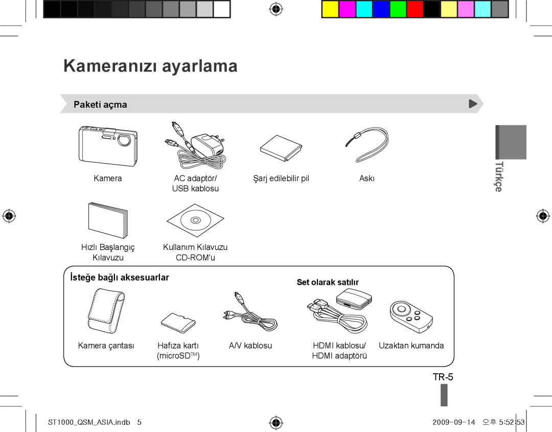 Samsung EC-ST1000BPGE3, EC-ST1000BPSE1, EC-ST1000BPRFR Kameranızı ayarlama, TR-5, Paketi açma, İsteğe bağlı aksesuarlar 