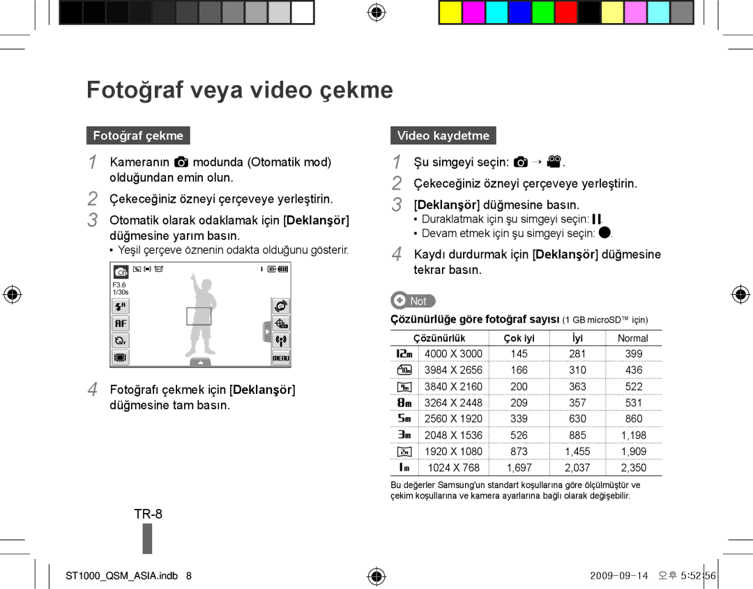 Samsung EC-ST1000BPBE2, EC-ST1000BPSE1, EC-ST1000BPRFR manual Fotoğraf veya video çekme, TR-8, Fotoğraf çekme, Video kaydetme 