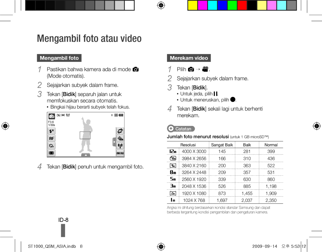 Samsung EC-ST1000BPRSA, EC-ST1000BPSE1, EC-ST1000BPRFR, EC-ST1000BPBFR manual Mengambil foto atau video, ID-8, Merekam video 