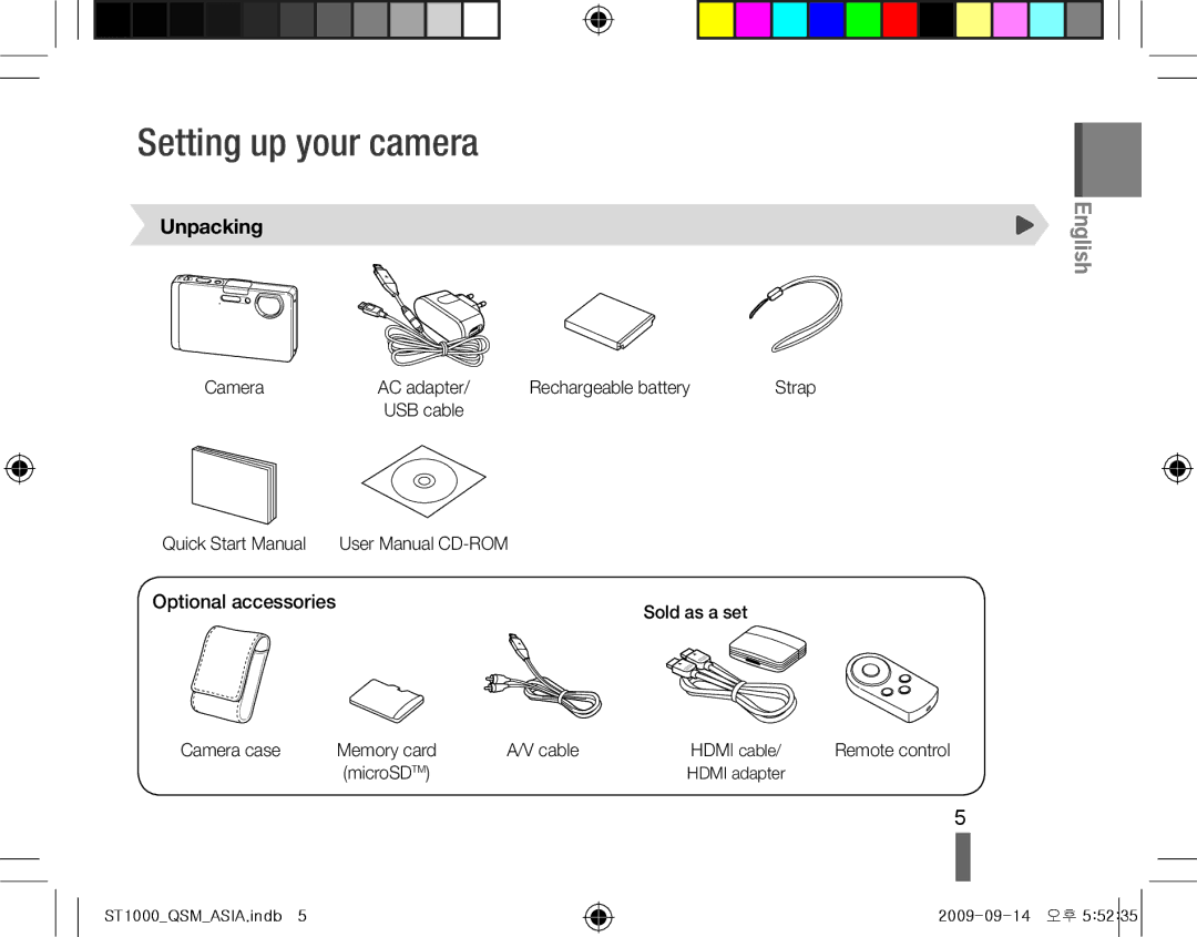 Samsung EC-ST1000BPSFR, EC-ST1000BPSE1, EC-ST1000BPRFR, EC-ST1000BPBFR, EC-ST1000BPBE1 manual Setting up your camera, Unpacking 