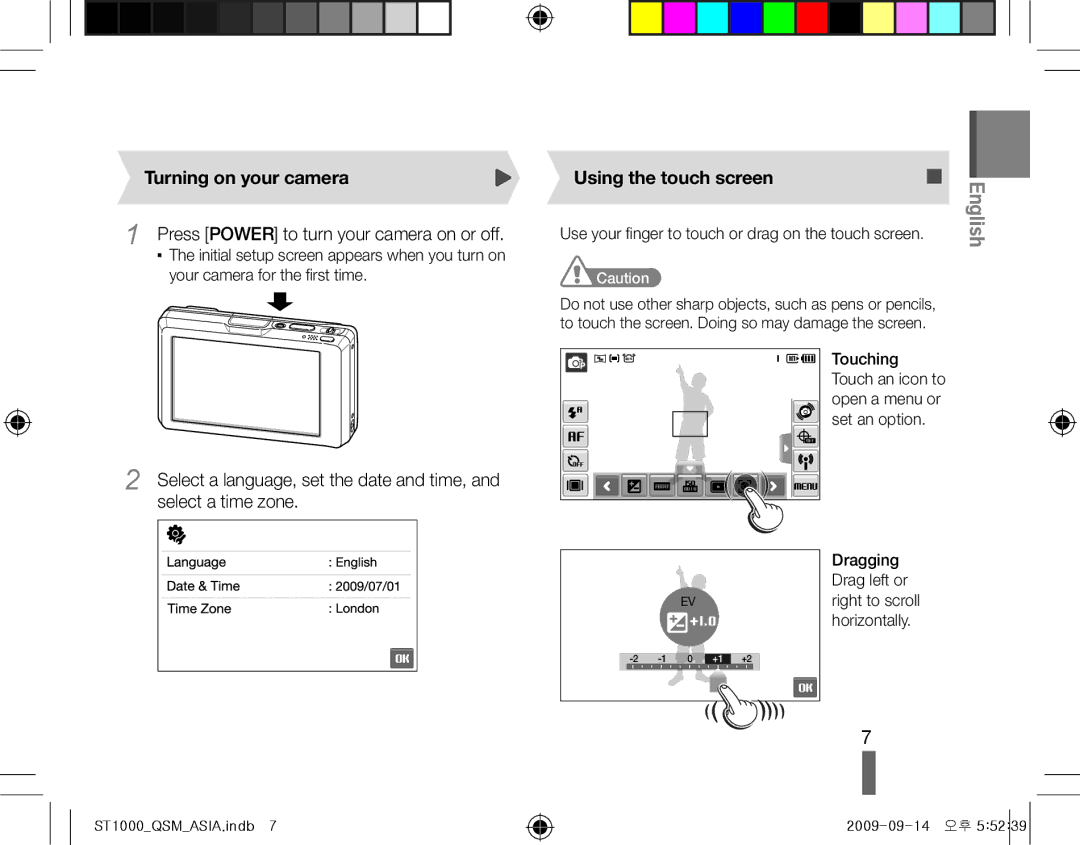 Samsung EC-ST1000BPBIT, EC-ST1000BPSE1, EC-ST1000BPRFR, EC-ST1000BPBFR manual Turning on your camera, Using the touch screen 