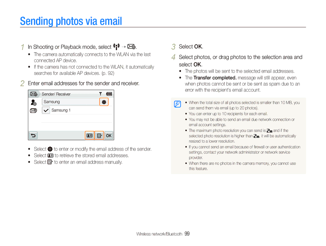 Samsung EC-ST1000BPUE3, EC-ST1000BPSE1 manual Sending photos via email, Enter email addresses for the sender and receiver 