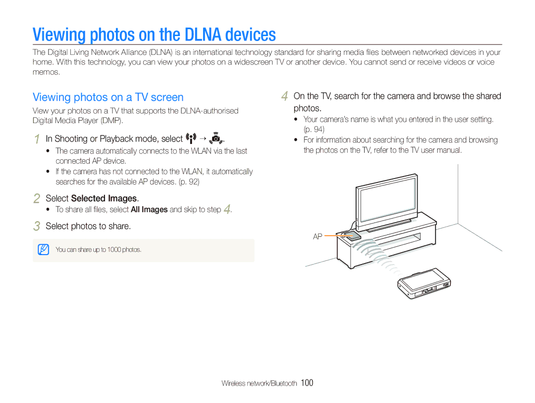 Samsung EC-ST1000BPGE3 manual Viewing photos on the Dlna devices, Viewing photos on a TV screen, Select Selected Images 