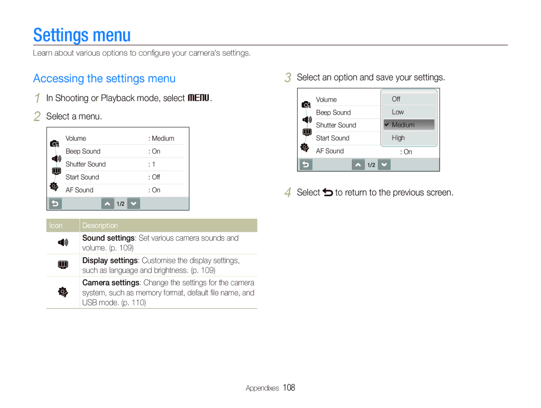 Samsung EC-ST1000BPURU manual Settings menu, Accessing the settings menu, Shooting or Playback mode, select M Select a menu 