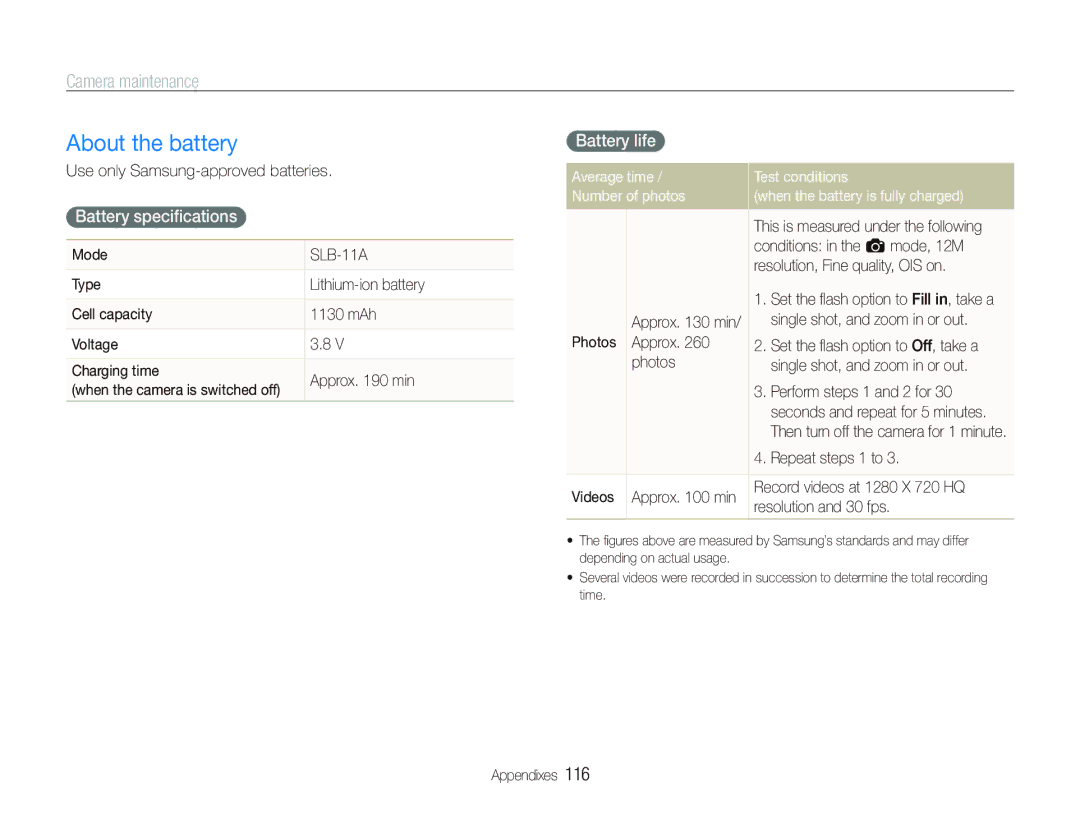 Samsung EC-ST1000BPBE1, EC-ST1000BPSE1, EC-ST1000BPRFR manual About the battery, Battery speciﬁcations, Battery life 