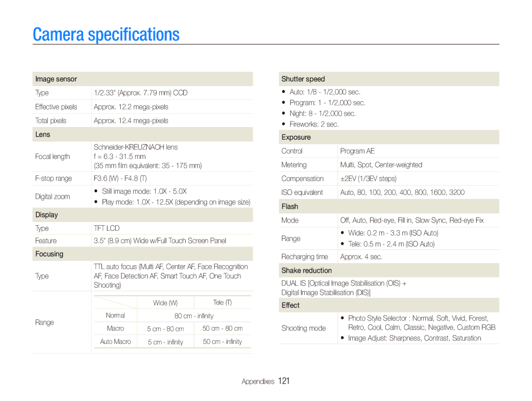 Samsung EC-ST1000BPGIT, EC-ST1000BPSE1, EC-ST1000BPRFR, EC-ST1000BPBFR, EC-ST1000BPBE1, EC-ST1000BPUFR Camera speciﬁcations 