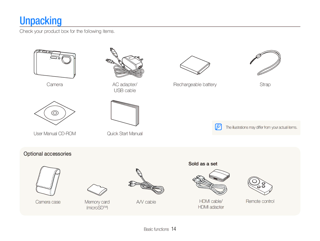 Samsung EC-ST1000BPGME, EC-ST1000BPSE1, EC-ST1000BPRFR, EC-ST1000BPBFR, EC-ST1000BPBE1 manual Unpacking, Optional accessories 