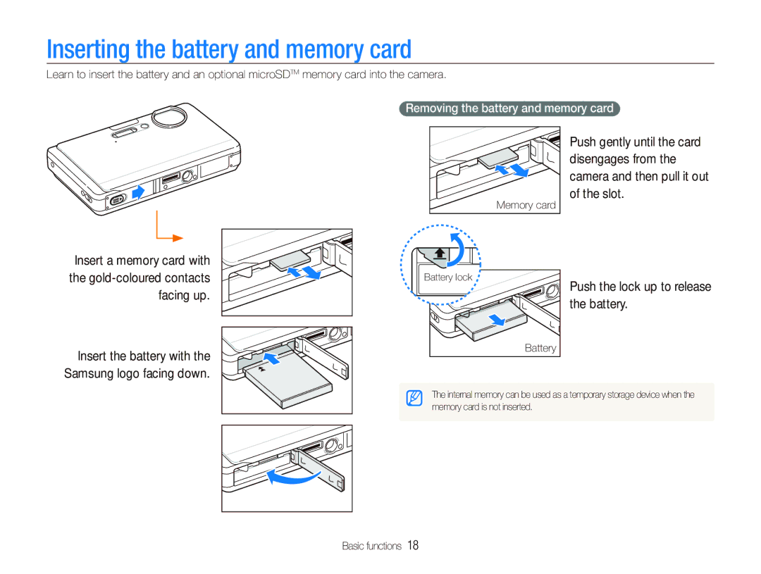 Samsung EC-ST1000BPUVN manual Inserting the battery and memory card, Push the lock up to release the battery, Battery 