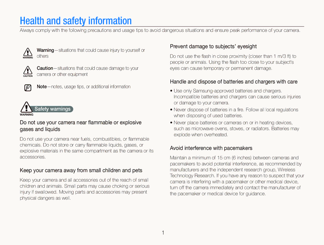 Samsung EC-ST1000BPBFR manual Prevent damage to subjects’ eyesight, Keep your camera away from small children and pets 