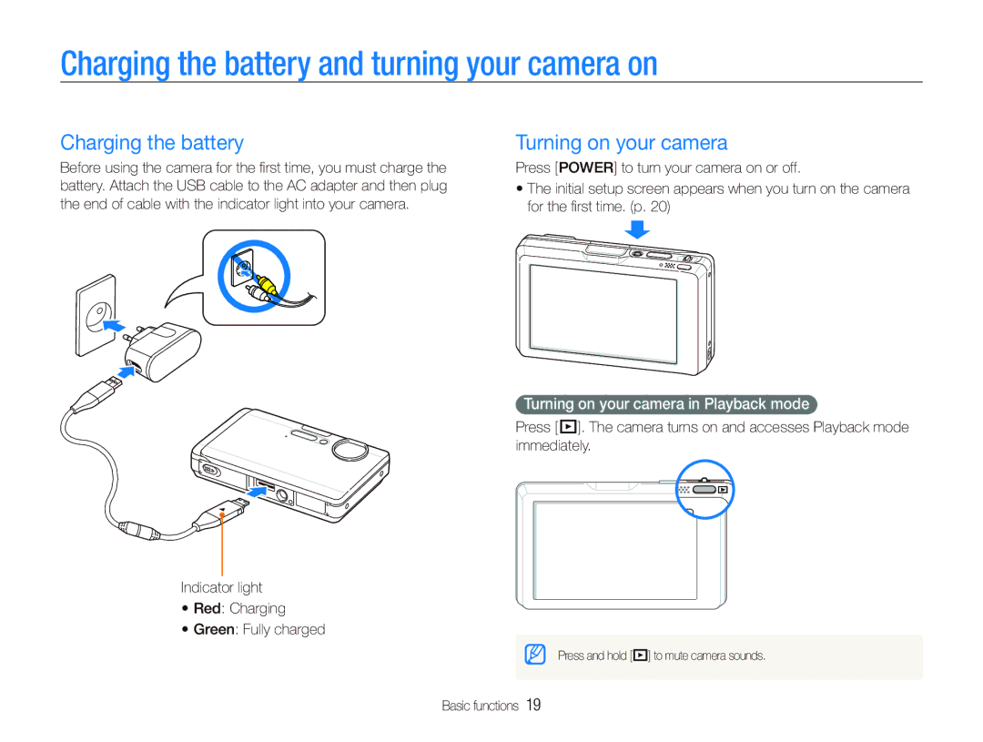 Samsung EC-ST1000BPBVN, EC-ST1000BPSE1 manual Charging the battery and turning your camera on, Turning on your camera 