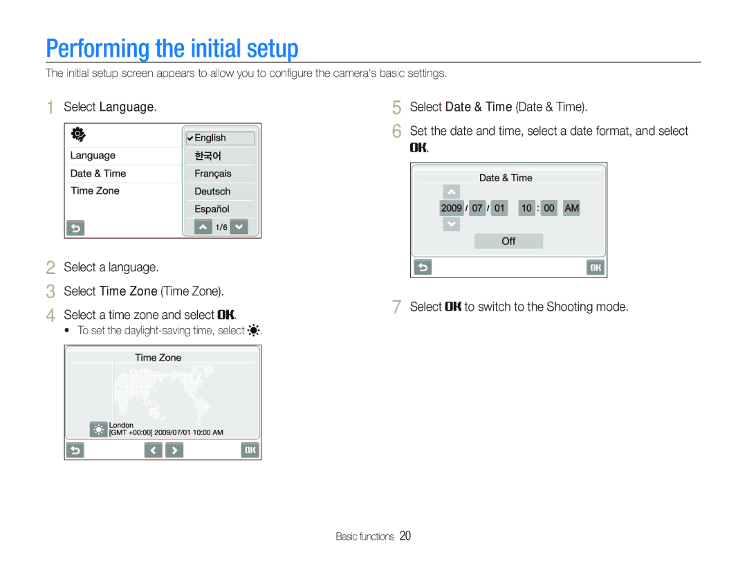 Samsung EC-ST1000BPGVN, EC-ST1000BPSE1 manual Performing the initial setup, Select Language Select Date & Time Date & Time 