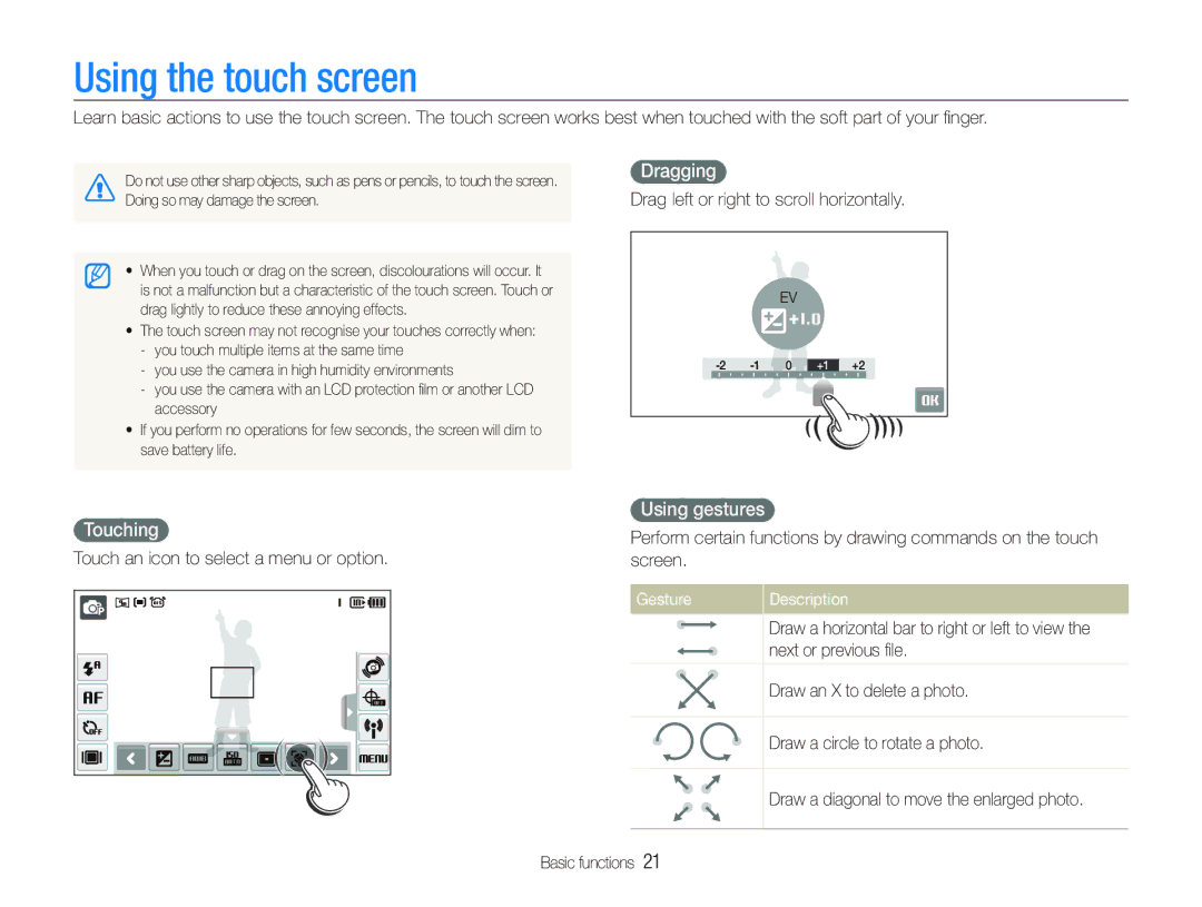 Samsung EC-ST1000BPSVN, EC-ST1000BPSE1 Using the touch screen, Dragging, Touching, Using gestures, Gesture Description 