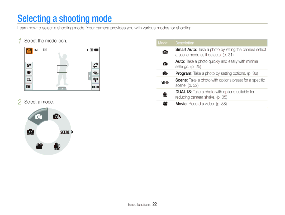 Samsung EC-ST1000BPBE3, EC-ST1000BPSE1, EC-ST1000BPRFR Selecting a shooting mode, Select the mode icon Select a mode, Mode 