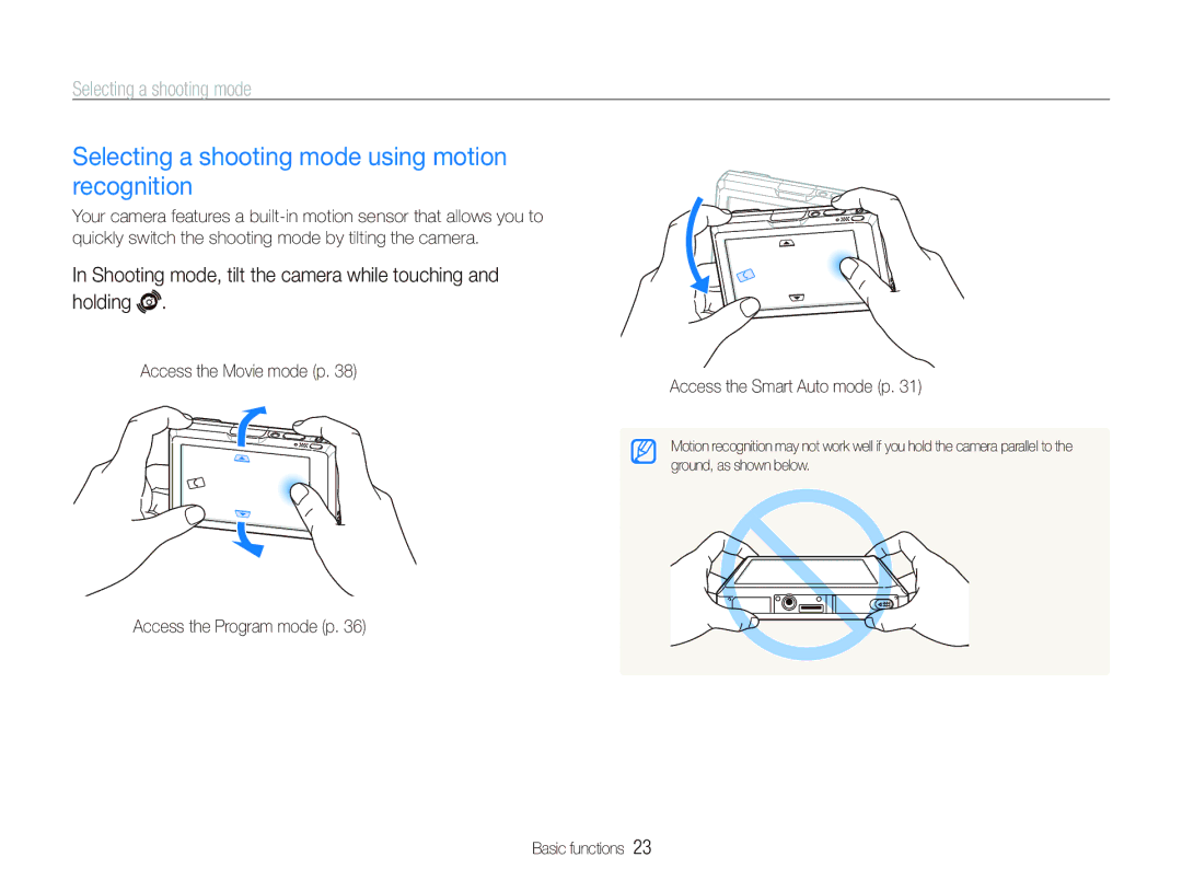 Samsung EC-ST1000BPUE3, EC-ST1000BPSE1, EC-ST1000BPRFR, EC-ST1000BPBFR Selecting a shooting mode using motion recognition 