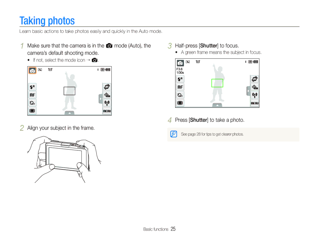 Samsung EC-ST1000BPRE3, EC-ST1000BPSE1 manual Taking photos, Align your subject in the frame Half-press Shutter to focus 