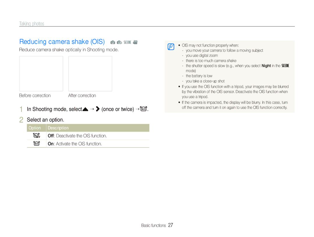 Samsung EC-ST1000BPBE2 manual Reducing camera shake OIS a p s, Shooting mode, select f “ once or twice “ Select an option 