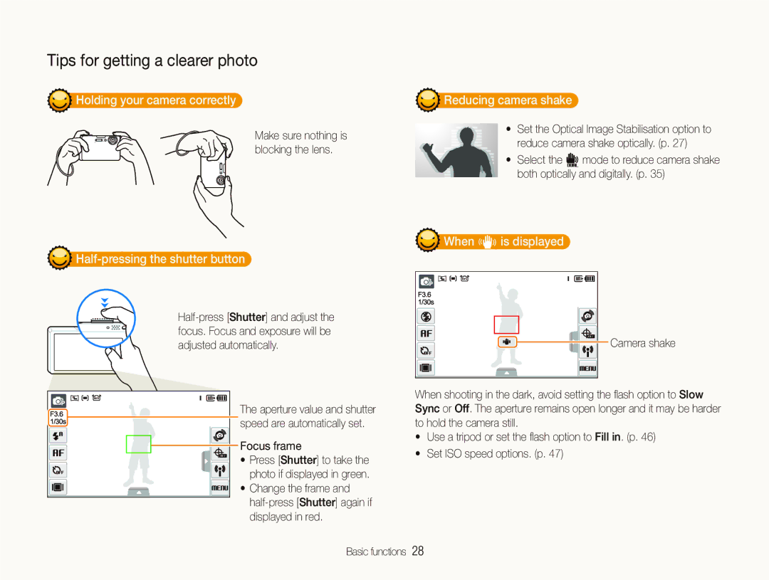 Samsung EC-ST1000BPGE2 Holding your camera correctly, Half-pressing the shutter button, Reducing camera shake, Focus frame 