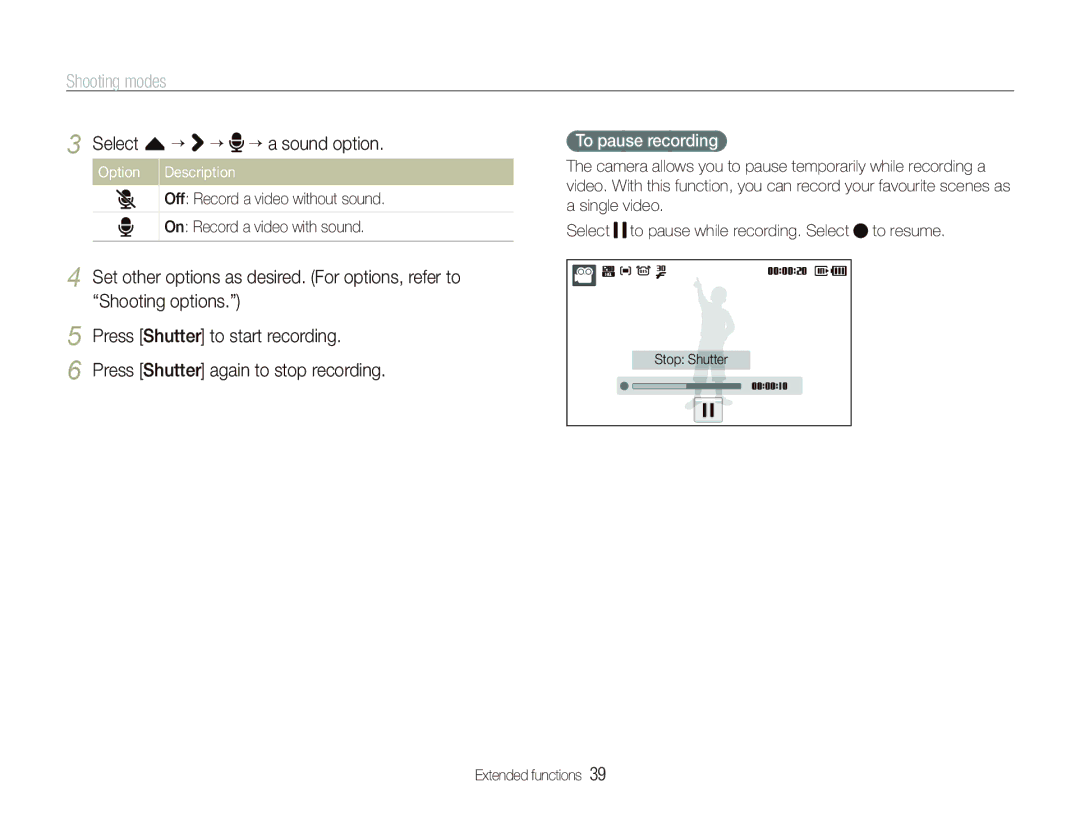 Samsung EC-ST1000BPBFR manual Select f “ ““ ““a sound option, Press Shutter again to stop recording, To pause recording 