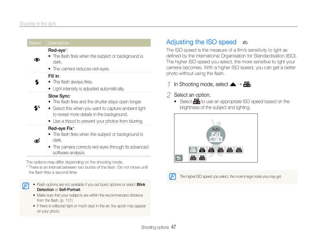 Samsung EC-ST1000BPGZA manual Adjusting the ISO speed p, Shooting in the dark, Shooting mode, select f “ Select an option 