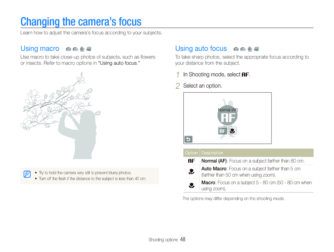 Samsung EC-ST1000BPRSA manual Changing the camera’s focus, Using macro a p d, Using auto focus a p d, Shooting mode, select 