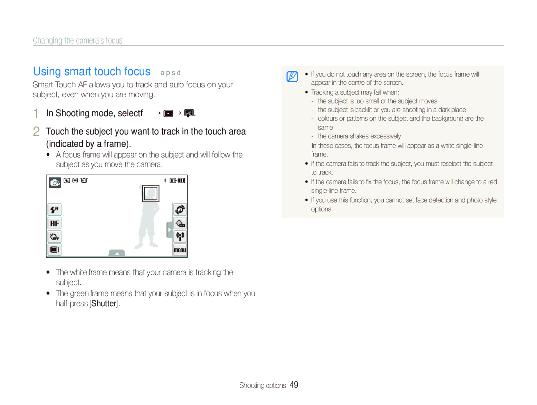 Samsung EC-ST1000BPSSA manual Using smart touch focus a p s d, Changing the camera’s focus, Shooting mode, select f “ “ 