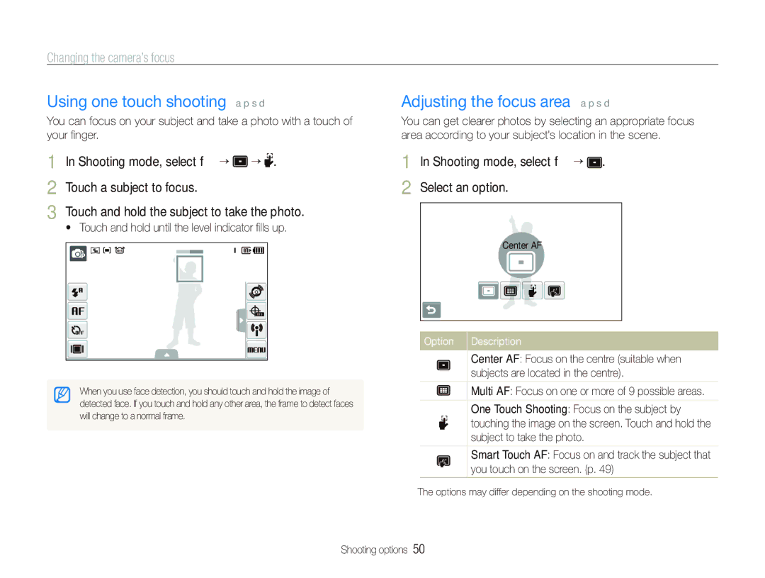 Samsung EC-ST1000BPSME, EC-ST1000BPSE1, EC-ST1000BPRFR Using one touch shooting a p s d, Adjusting the focus area a p s d 