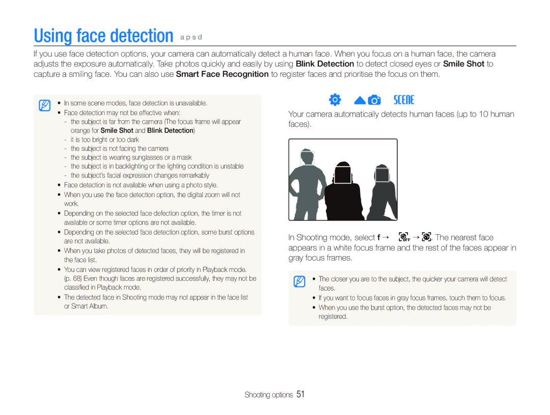 Samsung EC-ST1000BPUME, EC-ST1000BPSE1, EC-ST1000BPRFR, EC-ST1000BPBFR manual Using face detection a p s d, Detecting faces 