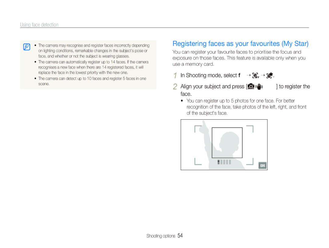 Samsung EC-ST1000BPBME, EC-ST1000BPSE1 manual Registering faces as your favourites My Star, Shooting mode, select f “, Face 