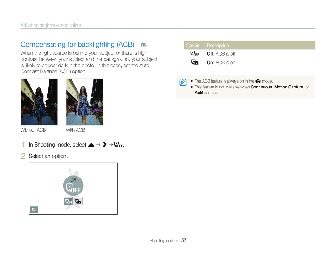 Samsung EC-ST1000BPBVN Compensating for backlighting ACB p, Adjusting brightness and colour, Shooting mode, select f ““ “ 