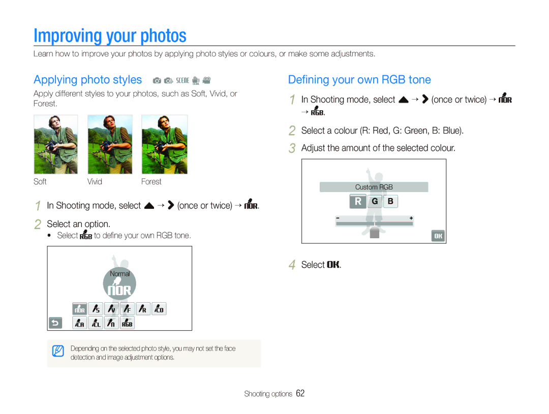 Samsung EC-ST1000BPGE3, EC-ST1000BPSE1 Improving your photos, Applying photo styles a p s d, Deﬁning your own RGB tone 