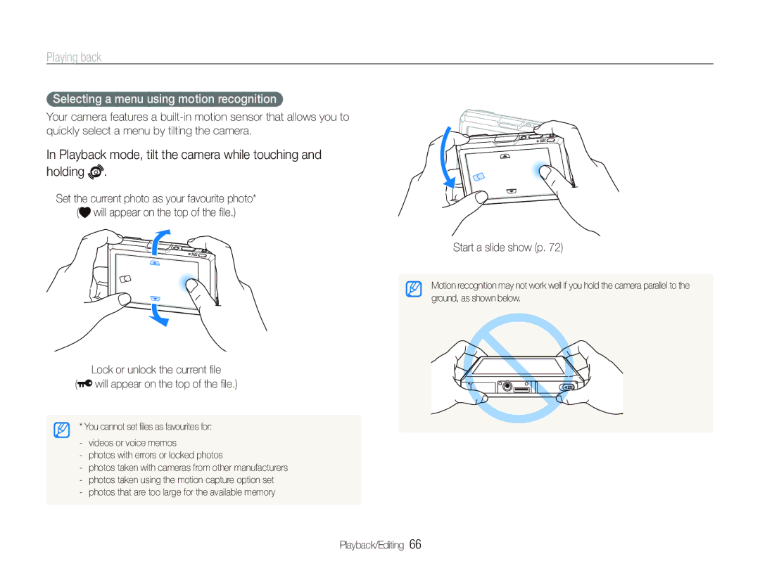 Samsung EC-ST1000BPGE2 manual Playing back, Playback mode, tilt the camera while touching and holding, Start a slide show p 