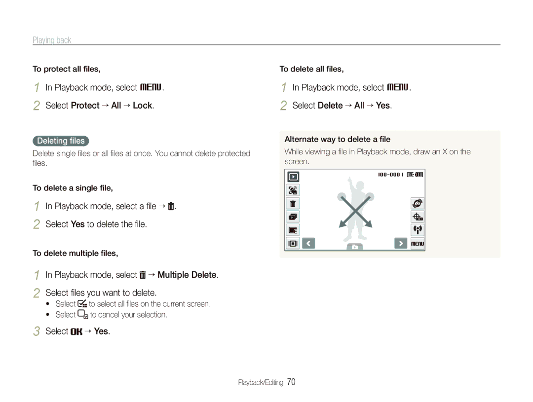 Samsung EC-ST1000BPURU, EC-ST1000BPSE1 Playback mode, select M Select Protect ““All ““Lock, Select “ Yes, Deleting ﬁles 