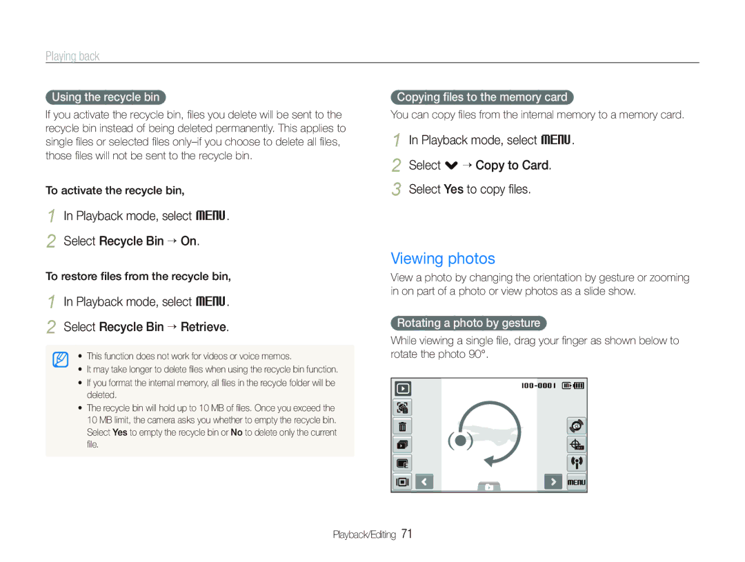 Samsung EC-ST1000BPBRU, EC-ST1000BPSE1, EC-ST1000BPRFR manual Viewing photos, Playback mode, select M Select Recycle Bin “ On 