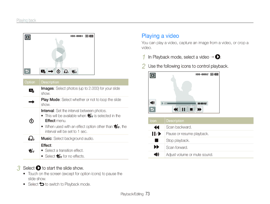 Samsung EC-ST1000BPSRU, EC-ST1000BPSE1 Playing a video, Playback mode, select a video “, Select to start the slide show 