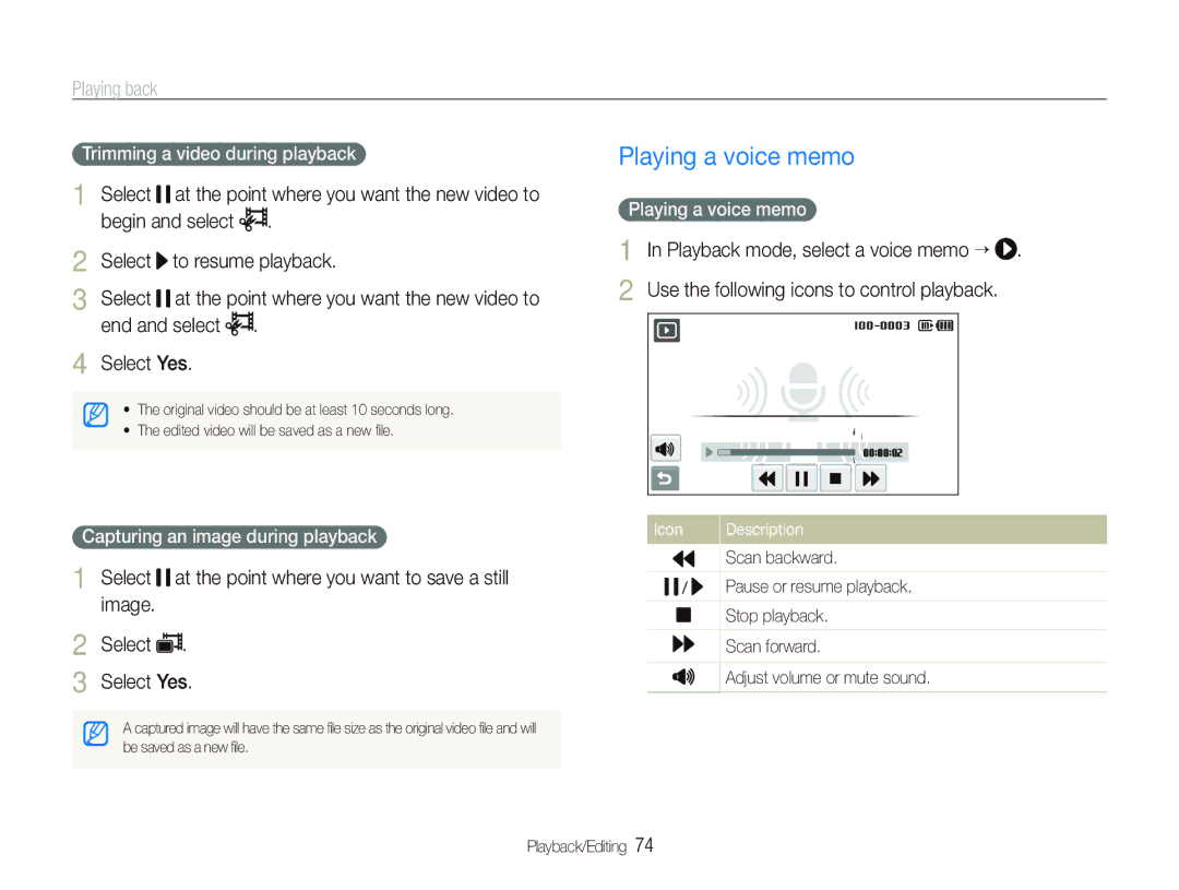 Samsung EC-ST1000BPSIL, EC-ST1000BPSE1 Playing a voice memo, End and select Select Yes, Trimming a video during playback 