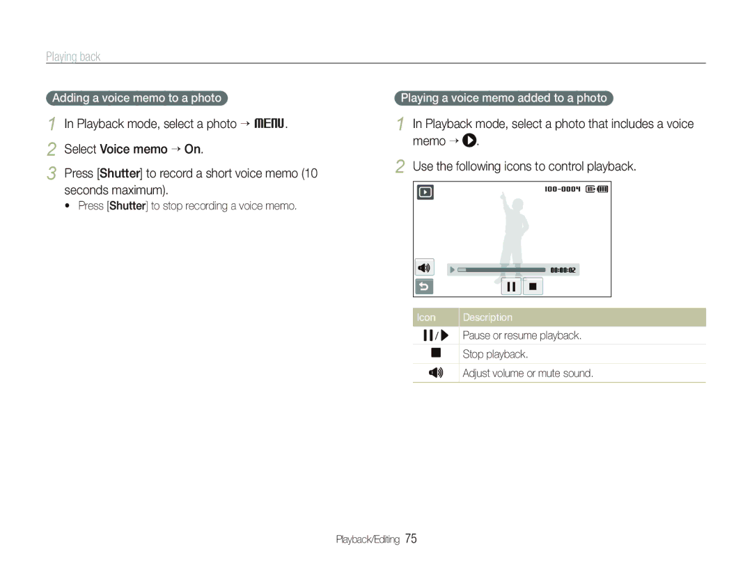 Samsung EC-ST1000BPSE1, EC-ST1000BPRFR manual Adding a voice memo to a photo, Playing a voice memo added to a photo 