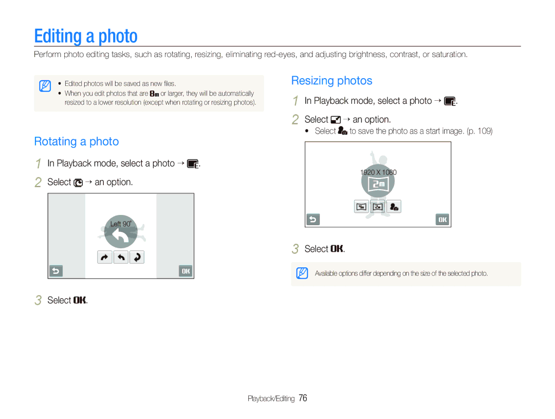 Samsung EC-ST1000BPRFR Editing a photo, Rotating a photo, Resizing photos,  Select to save the photo as a start image. p 