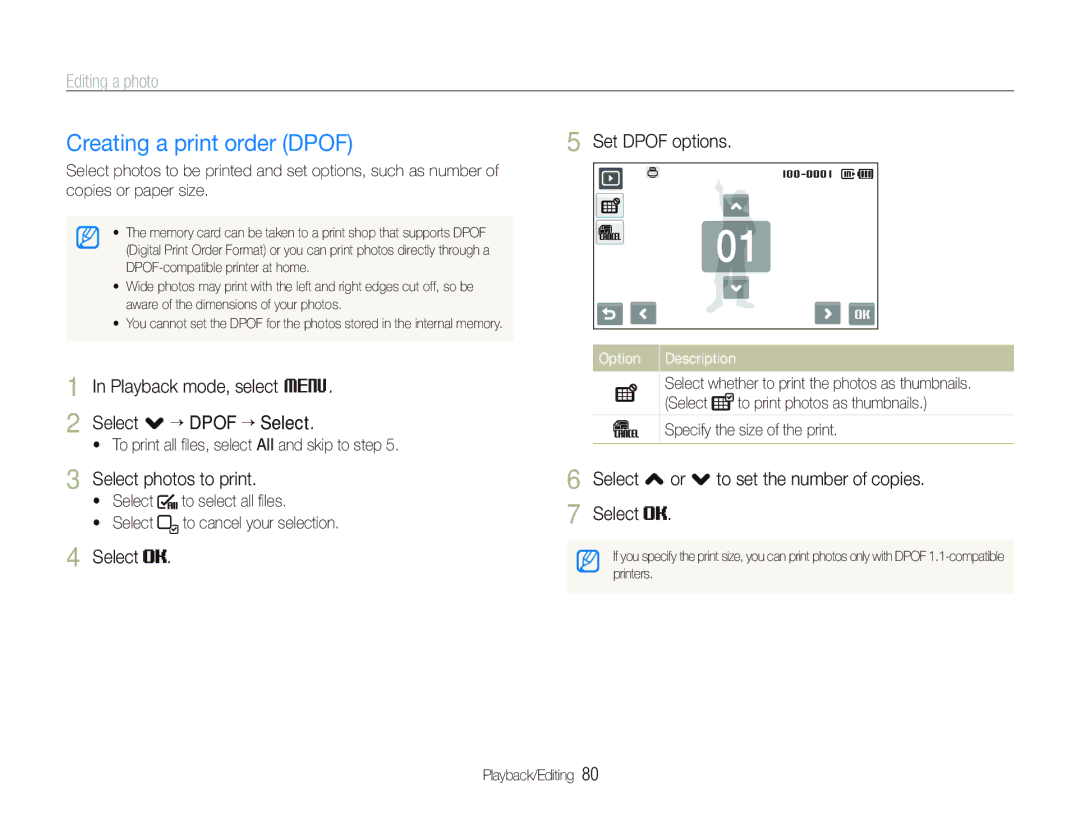 Samsung EC-ST1000BPSFR manual Set Dpof options, Select photos to print, Select , or . to set the number of copies Select 