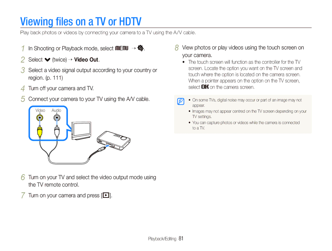 Samsung EC-ST1000BPRE1, EC-ST1000BPSE1, EC-ST1000BPRFR manual Viewing ﬁles on a TV or Hdtv, Select on the camera screen 