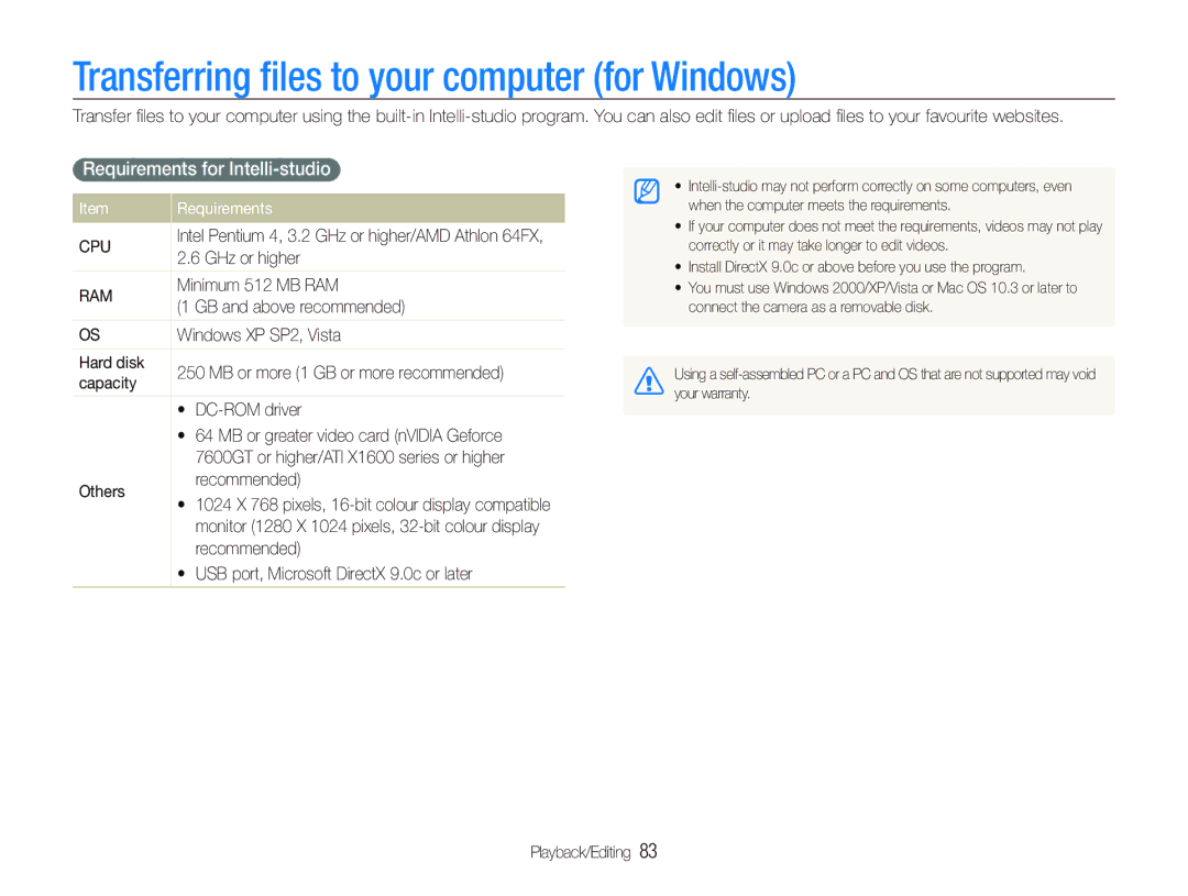 Samsung EC-ST1000BPGIT, EC-ST1000BPSE1 Transferring ﬁles to your computer for Windows, Requirements for Intelli-studio 