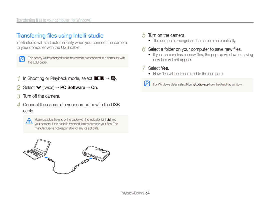 Samsung EC-ST1000BPSE3 manual Transferring ﬁles using Intelli-studio, Transferring ﬁles to your computer for Windows, Cable 