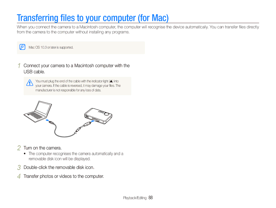 Samsung EC-ST1000BPSME, EC-ST1000BPSE1, EC-ST1000BPRFR, EC-ST1000BPBFR manual Transferring ﬁles to your computer for Mac 