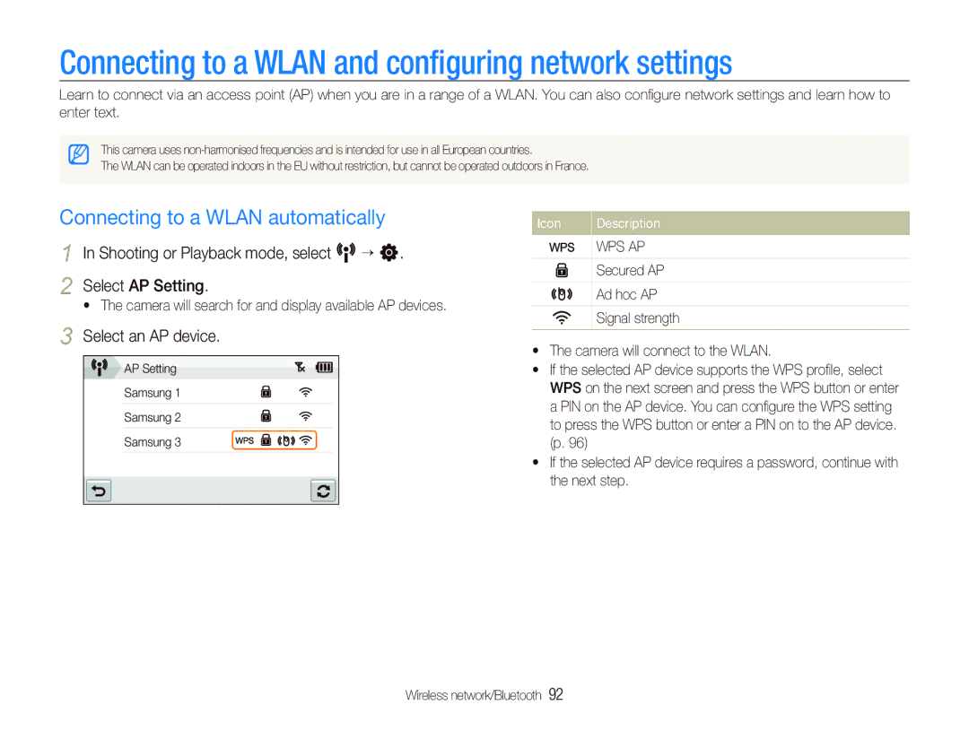 Samsung EC-ST1000BPBME manual Connecting to a Wlan and conﬁguring network settings, Connecting to a Wlan automatically 