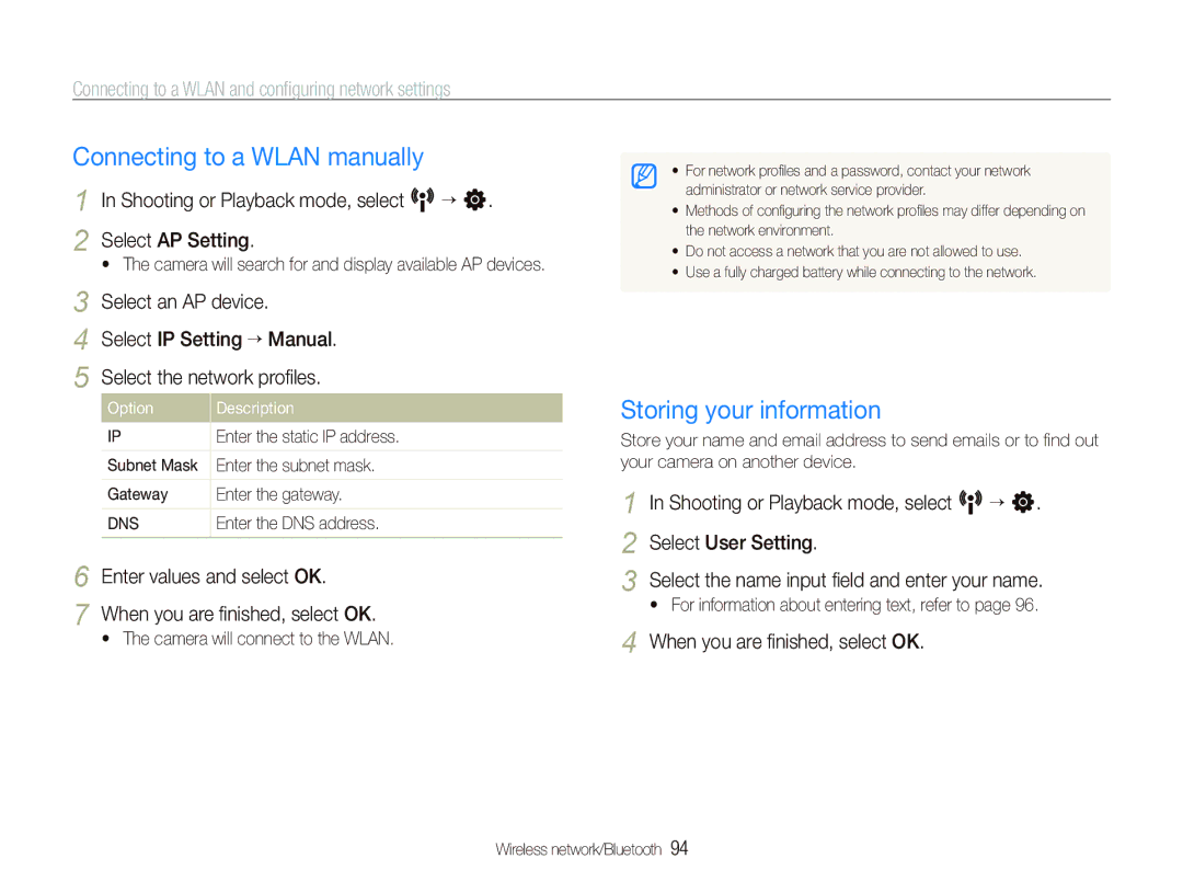 Samsung EC-ST1000BPUVN, EC-ST1000BPSE1, EC-ST1000BPRFR Connecting to a Wlan manually, Storing your information 