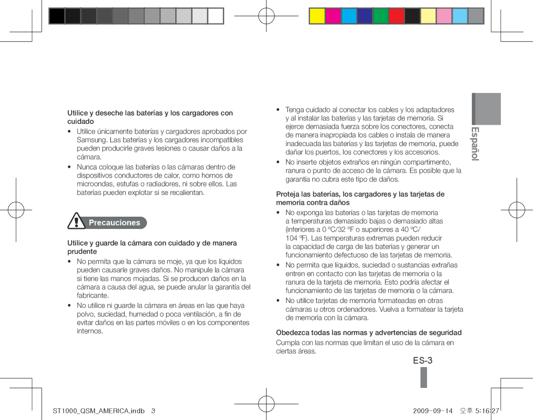 Samsung EC-ST1000BPSME, EC-ST1000BPSE1, EC-ST1000BPRFR, EC-ST1000BPBFR, EC-ST1000BPBE1, EC-ST1000BPUFR manual ES-3, Precauciones 