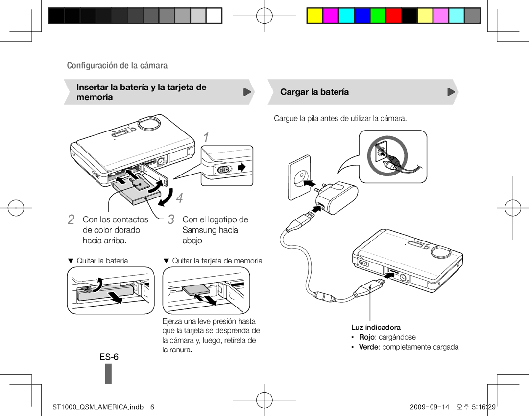 Samsung EC-ST1000BPRME manual ES-6, Insertar la batería y la tarjeta de memoria, Cargar la batería, Quitar la batería 