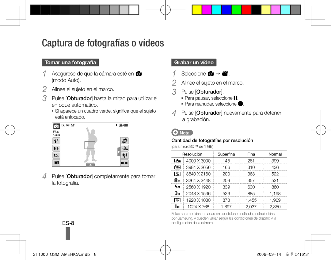 Samsung EC-ST1000BPRVN, EC-ST1000BPSE1, EC-ST1000BPRFR, EC-ST1000BPBFR manual ES-8, Tomar una fotografía, Grabar un vídeo 