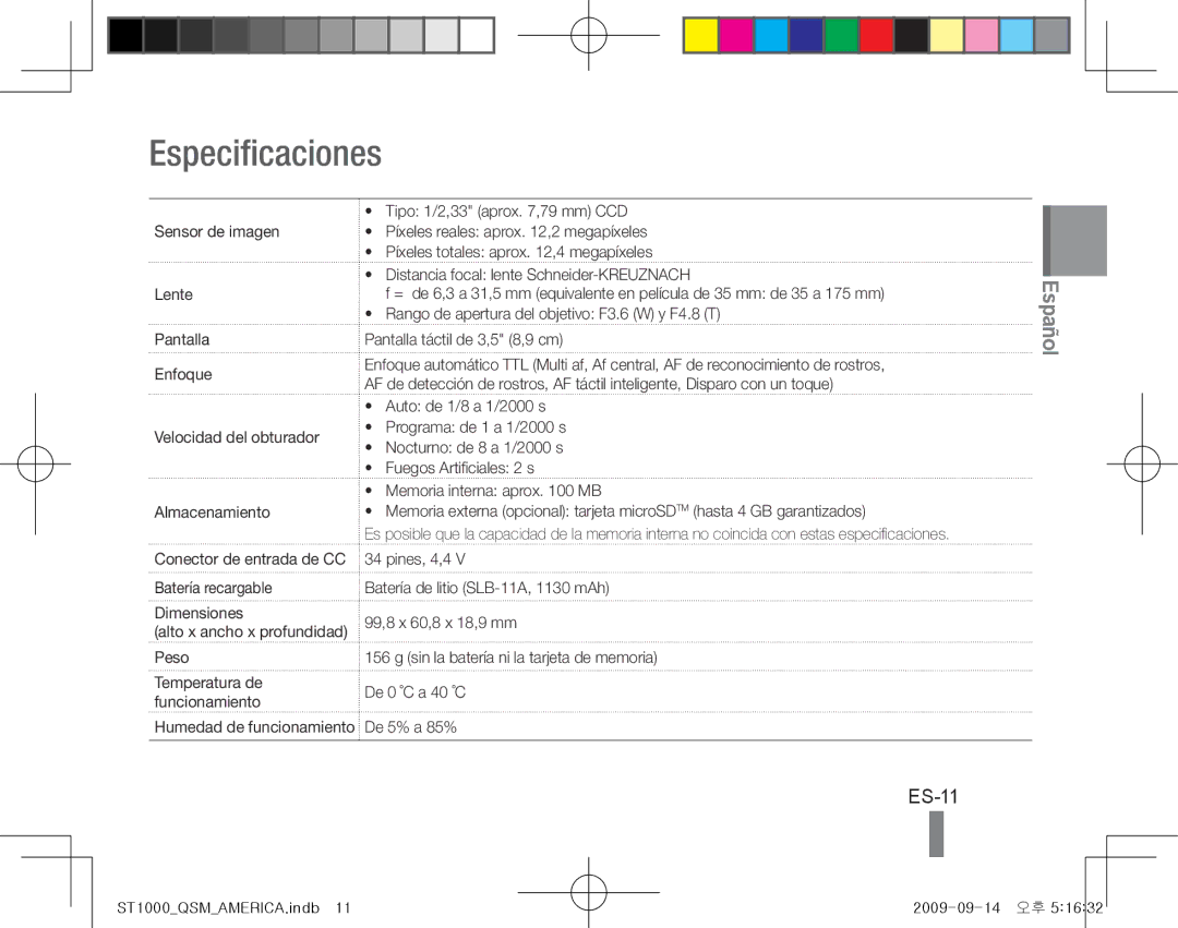 Samsung EC-ST1000BPGVN, EC-ST1000BPSE1, EC-ST1000BPRFR manual Especificaciones, ES-11, Batería recargable Dimensiones, Peso 